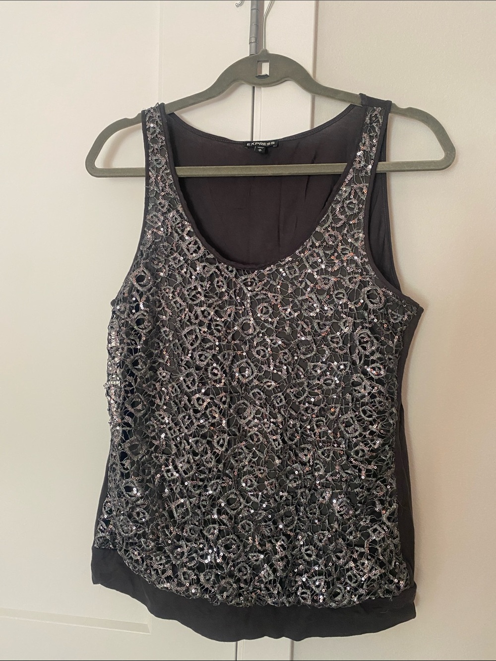 Express Black & Silver Sequin Lace Overlay Tank/LN